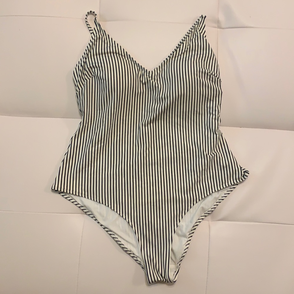 White and navy stripe one piece
